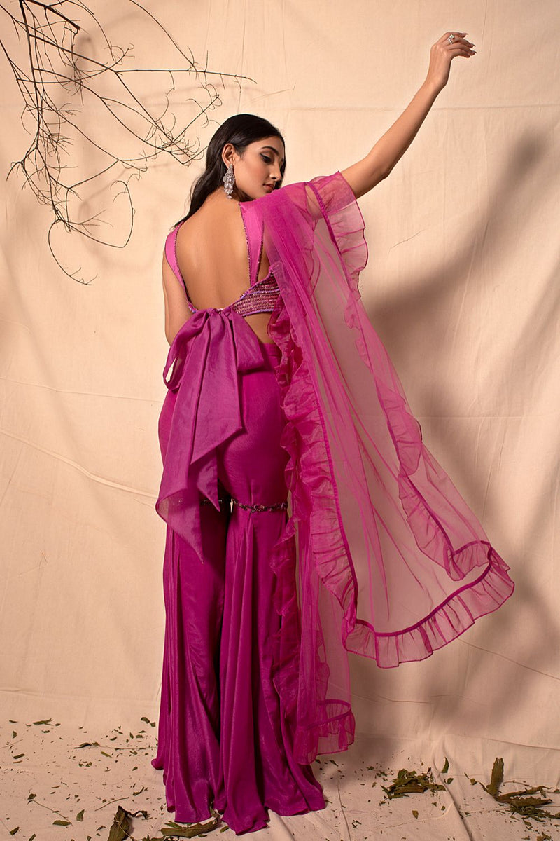 Mulbeery Pink Sharara with Hand Embroidered Bralette with Ruffle Dupatta