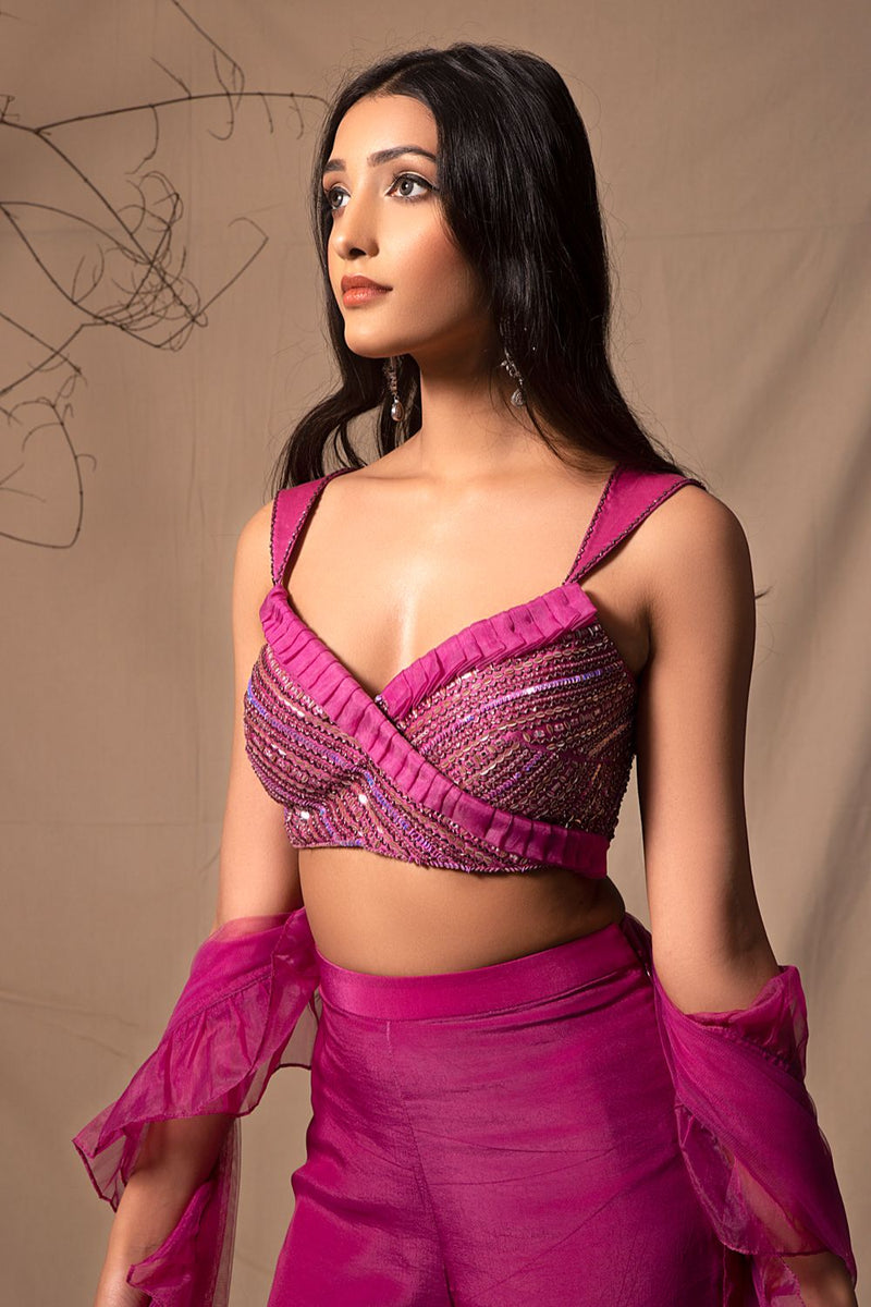 Mulbeery Pink Sharara with Hand Embroidered Bralette with Ruffle Dupatta