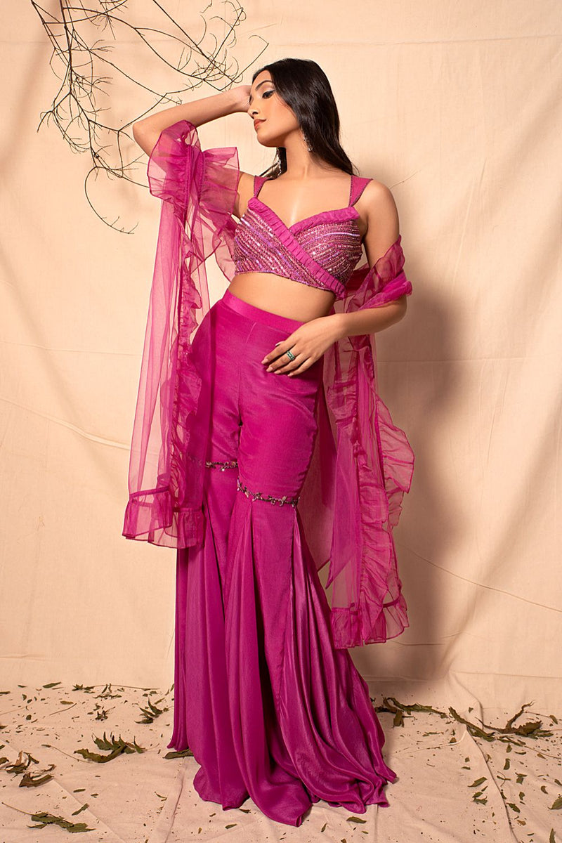 Mulbeery Pink Sharara with Hand Embroidered Bralette with Ruffle Dupatta