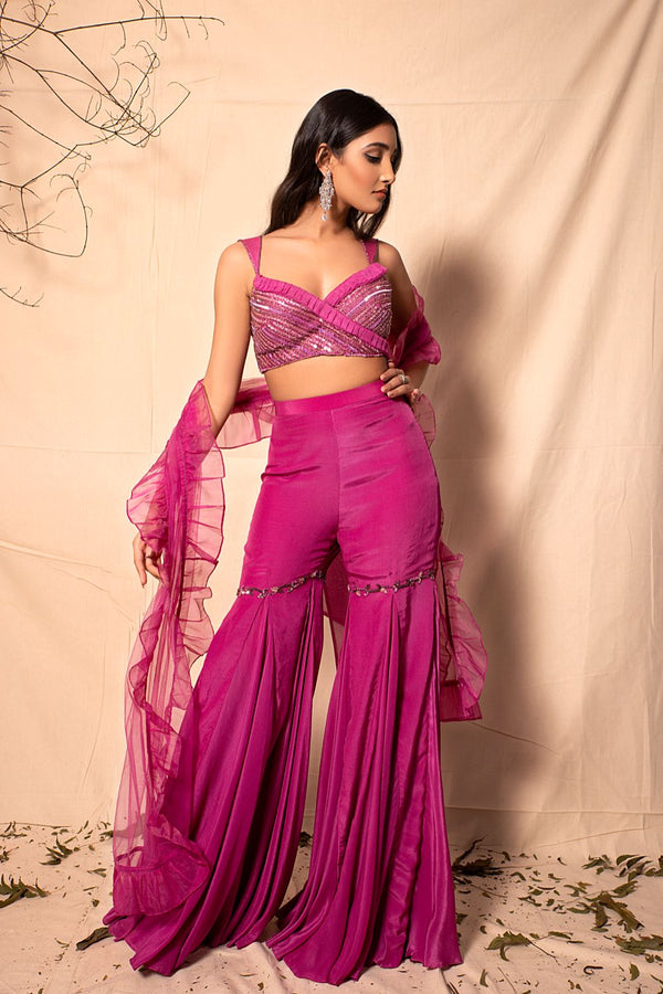 Mulbeery Pink Sharara with Hand Embroidered Bralette with Ruffle Dupatta