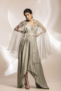 Sage Green Modal Satin Drape With Embroidered Tulle Cape.