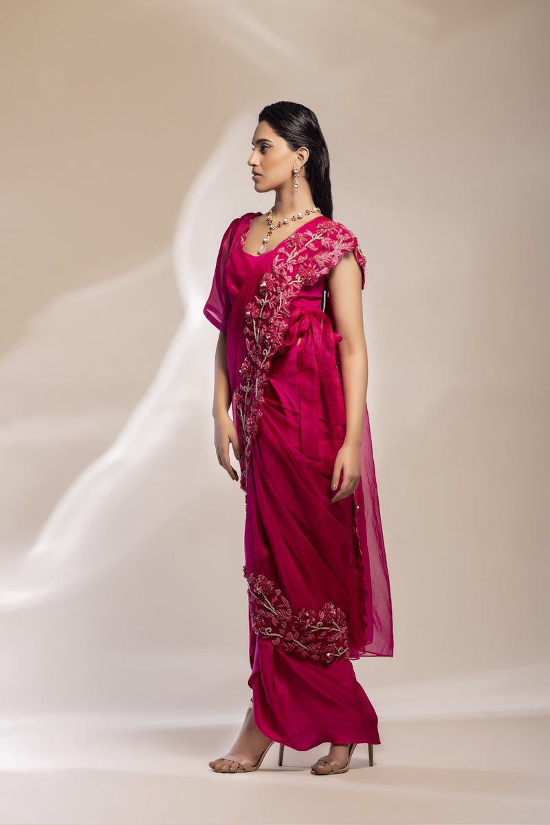 Fuchsia Draped Saree With 3D Embellishments.