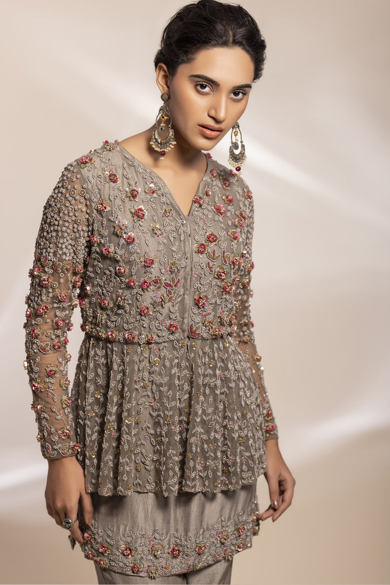 Antique Grey Tulle Peplum Jacket With Embroidered Gharara Ensemble.