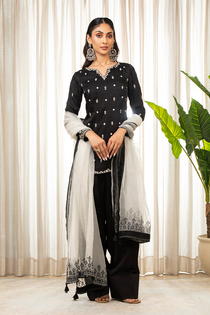 White On Black Kurta Set