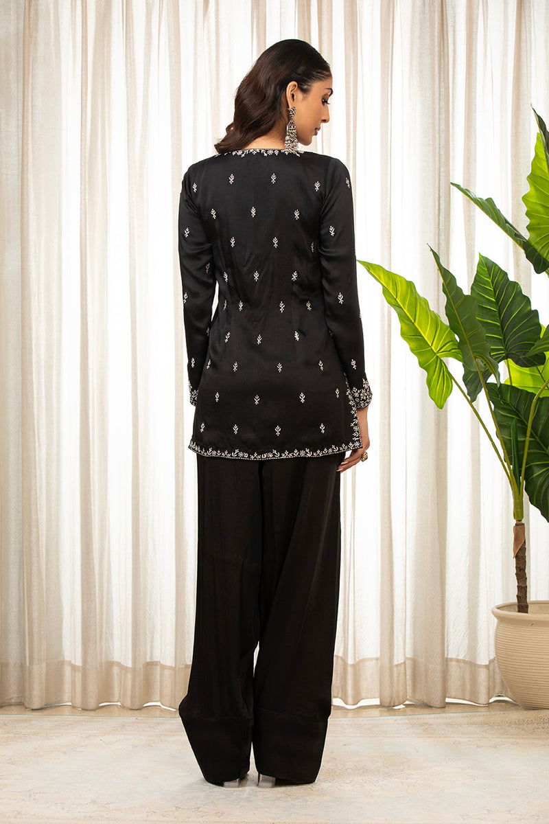 White On Black Kurta Set