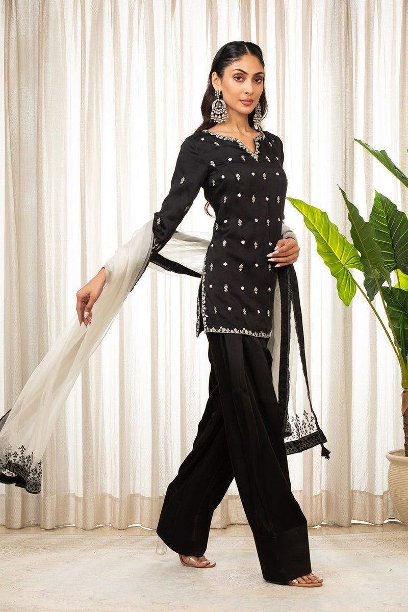 White On Black Kurta Set