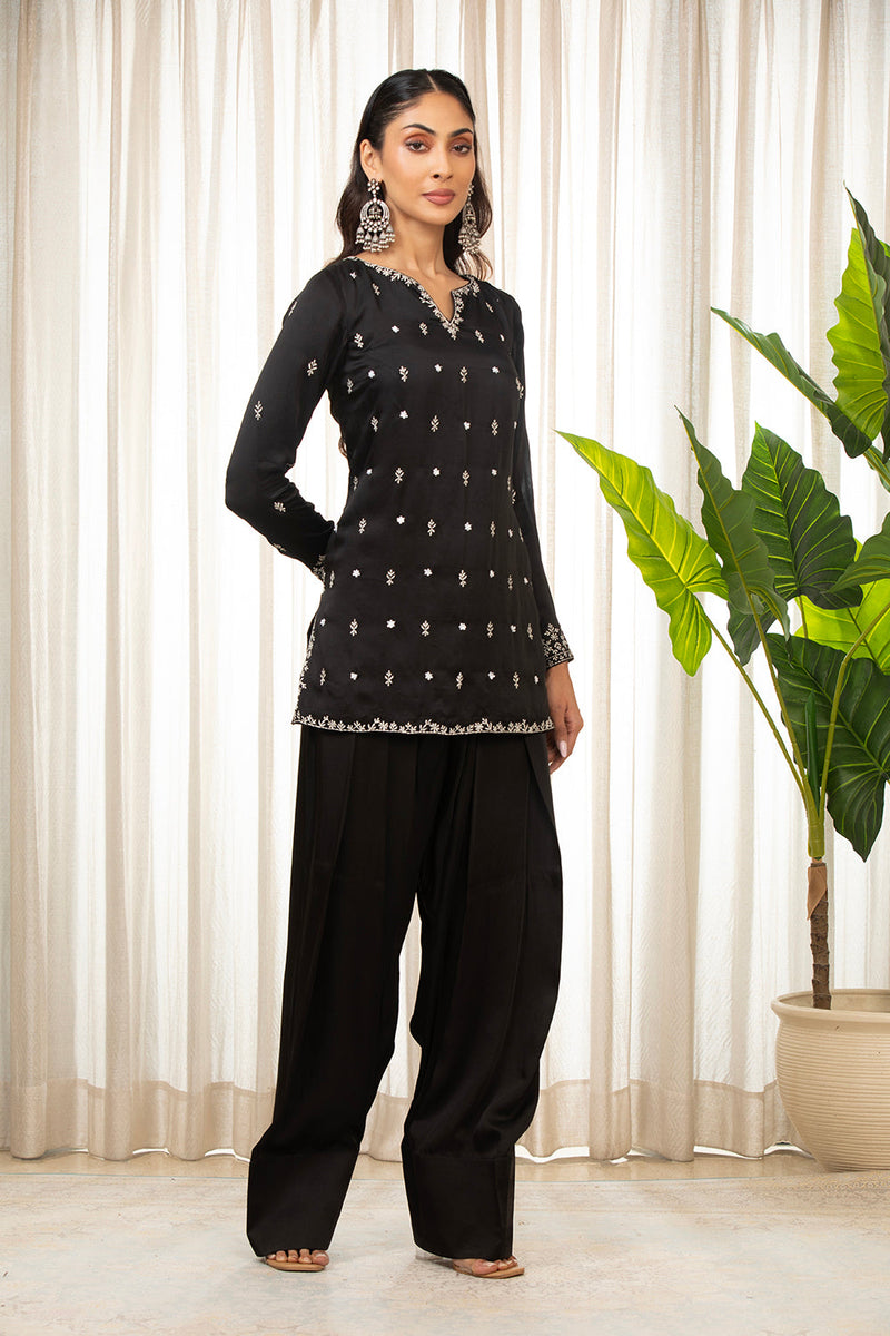 White On Black Kurta Set