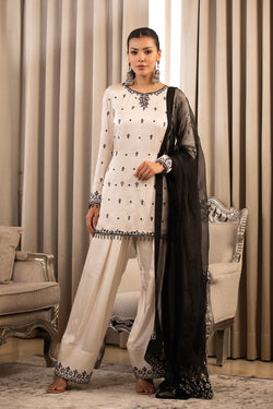 White On Black Dupatta Set