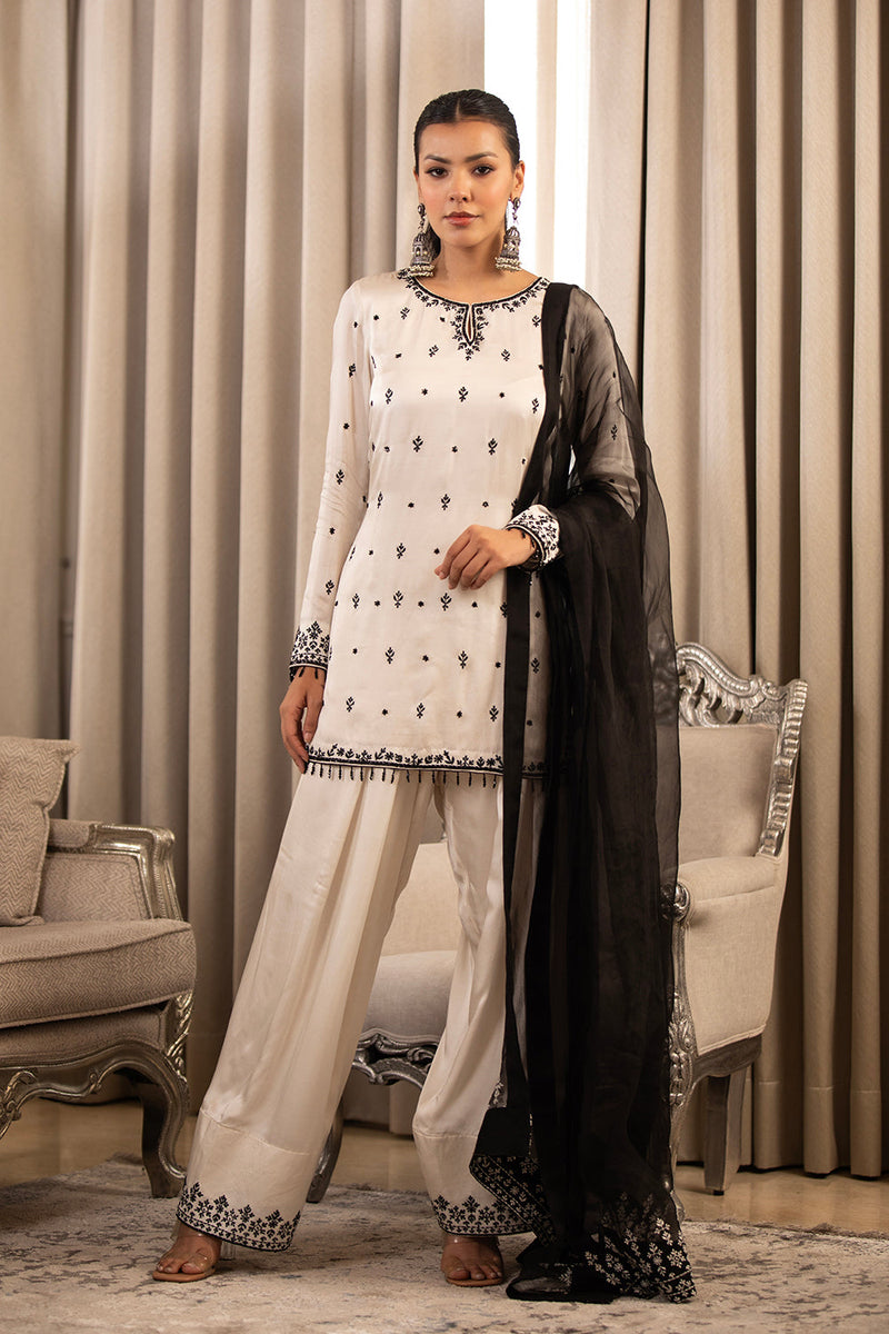 White On Black Dupatta Set