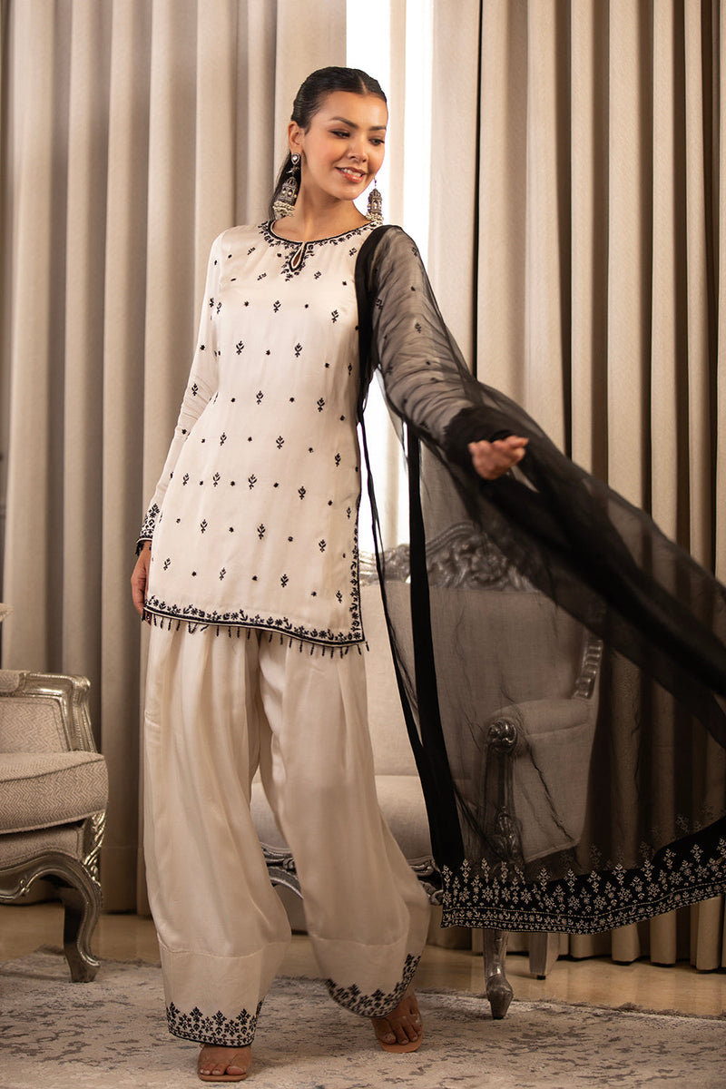 White On Black Dupatta Set