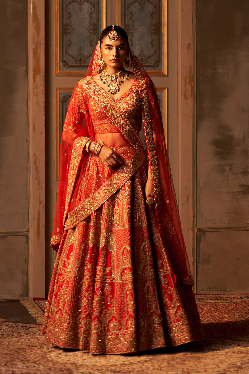 Red Raw Silk Double Dupatta Lehenga Set