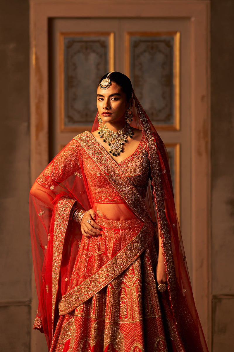 Red Raw Silk Double Dupatta Lehenga Set