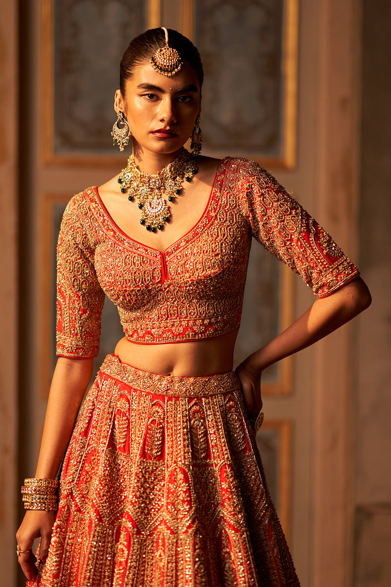 Red Raw Silk Double Dupatta Lehenga Set