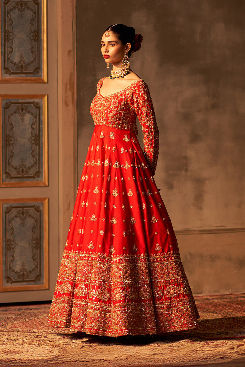 Red Raw Silk Anarkali Set