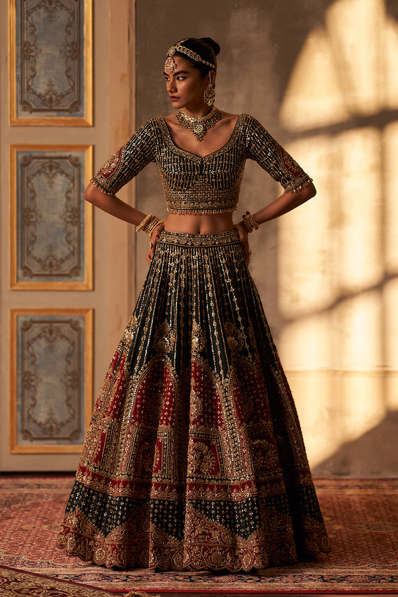Green Raw Silk Double Dupatta Lehenga Set