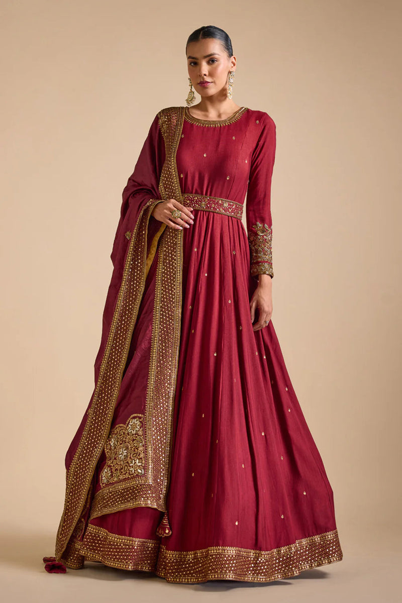 Embroidered Cuff Tussar Anarkali Set