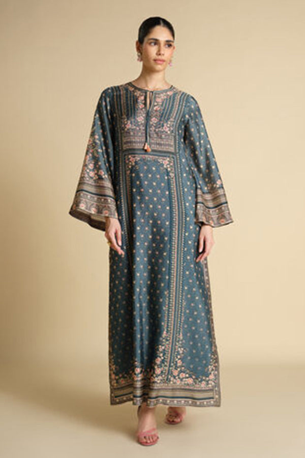 Yazhini Printed Silk Kaftan - Blue