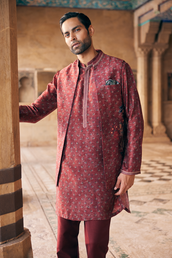 Humair Printed Silk Nehru Jacket - Maroon