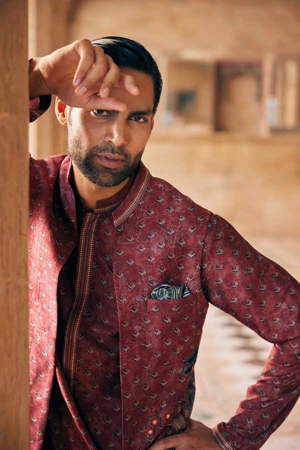 Humair Printed Silk Nehru Jacket - Maroon