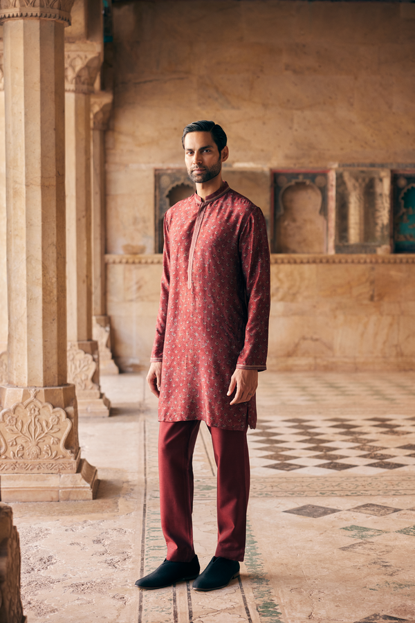 Humair Printed Silk Kurta - Maroon