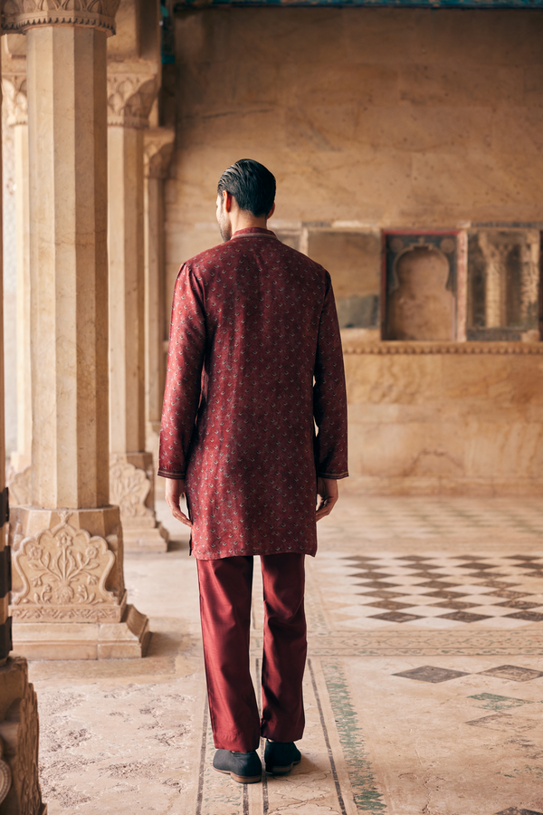 Humair Printed Silk Kurta - Maroon