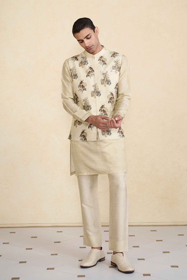Krushan Printed Silk Nehru Jacket - Beige