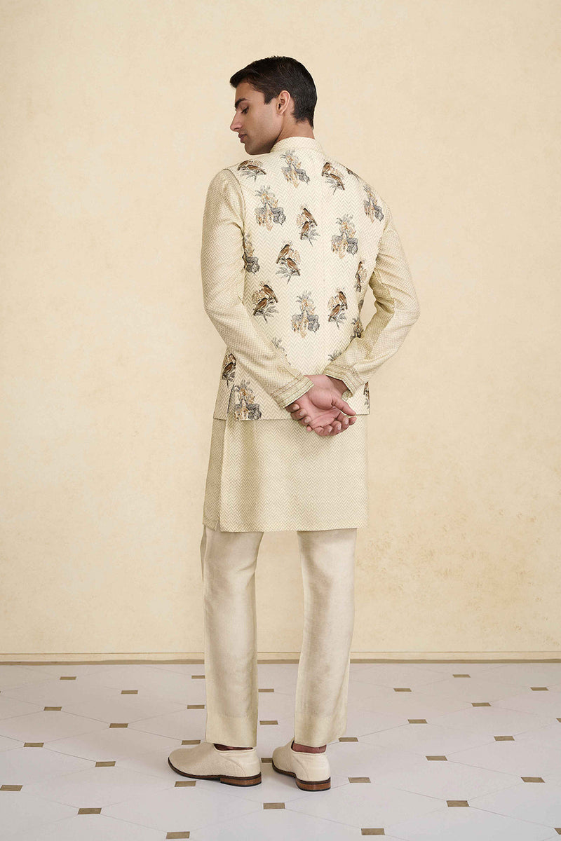 Krushan Printed Silk Nehru Jacket - Beige