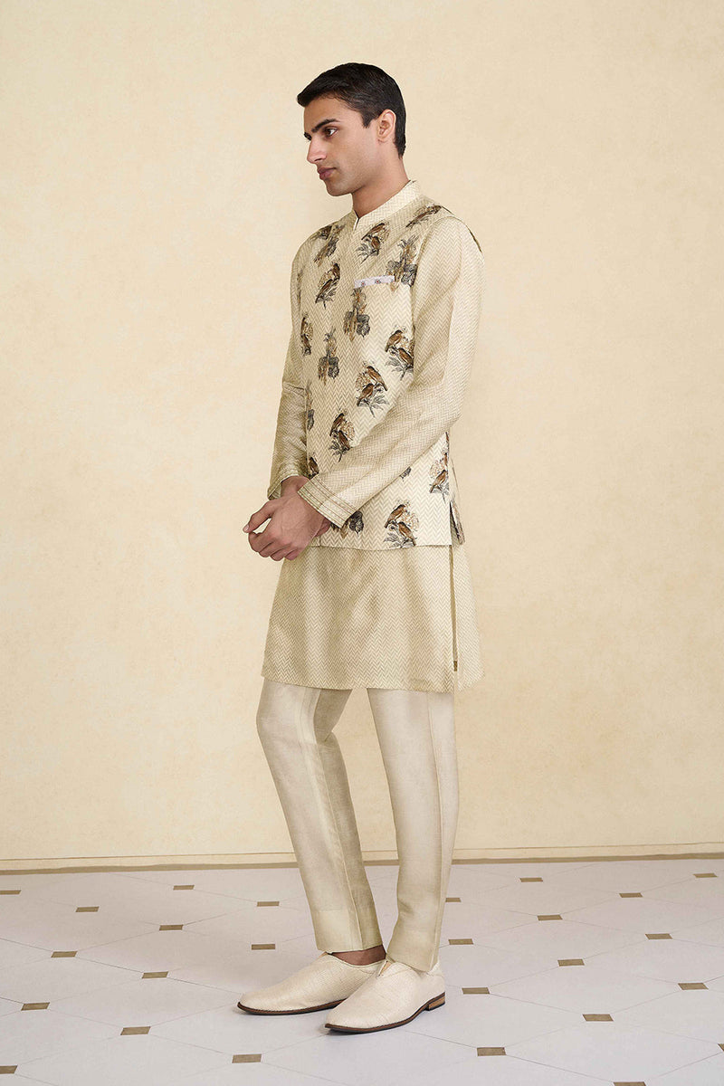 Krushan Printed Silk Nehru Jacket - Beige