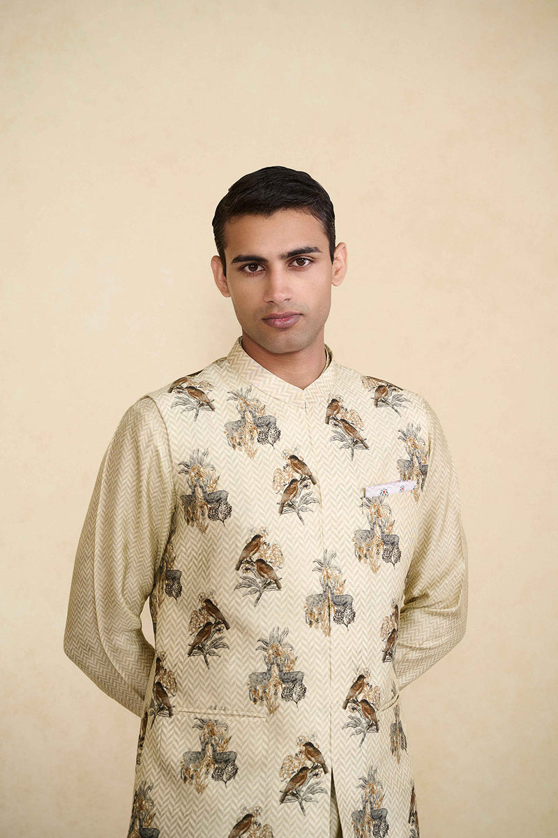 Krushan Printed Silk Nehru Jacket - Beige