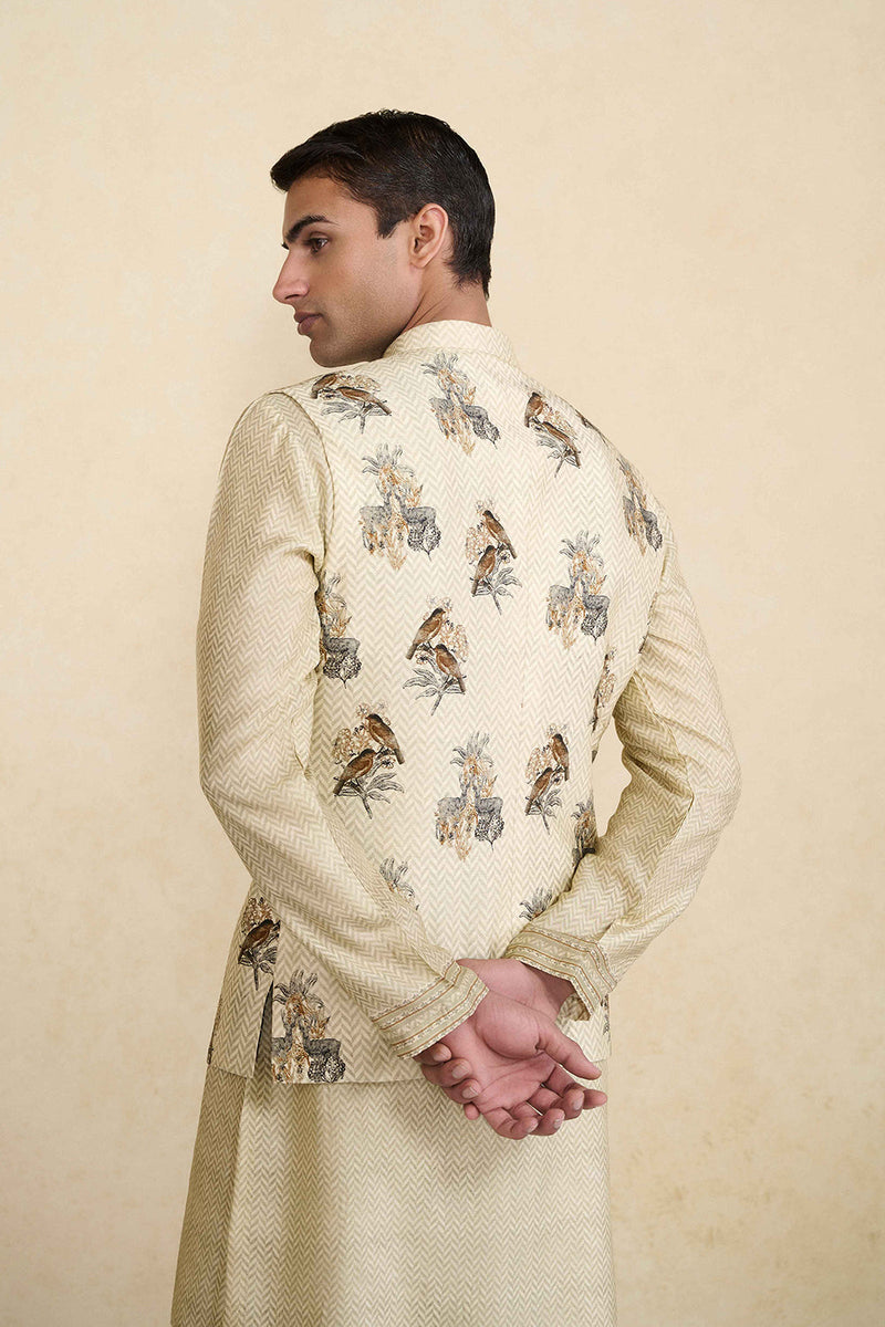 Krushan Printed Silk Nehru Jacket - Beige