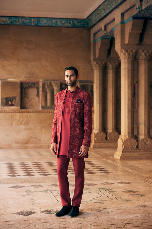Silas Embroidered Silk Sherwani - Maroon