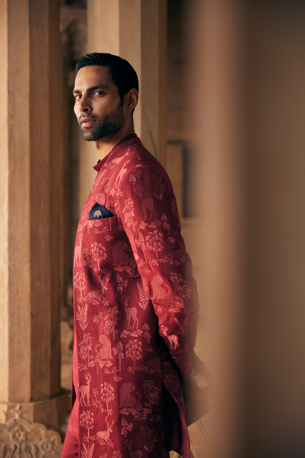Silas Embroidered Silk Sherwani - Maroon