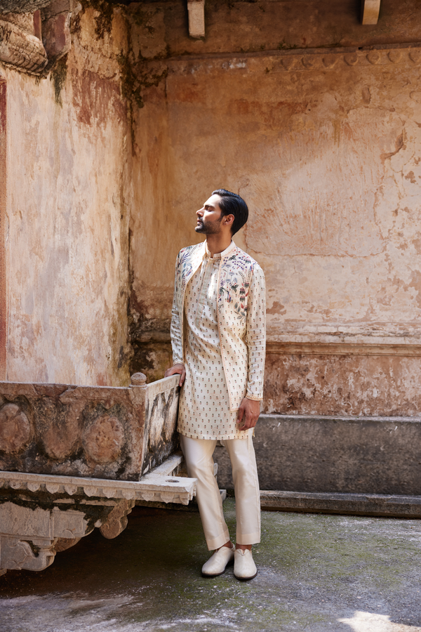 Kalhar Printed Silk Nehru Jacket - Ivory