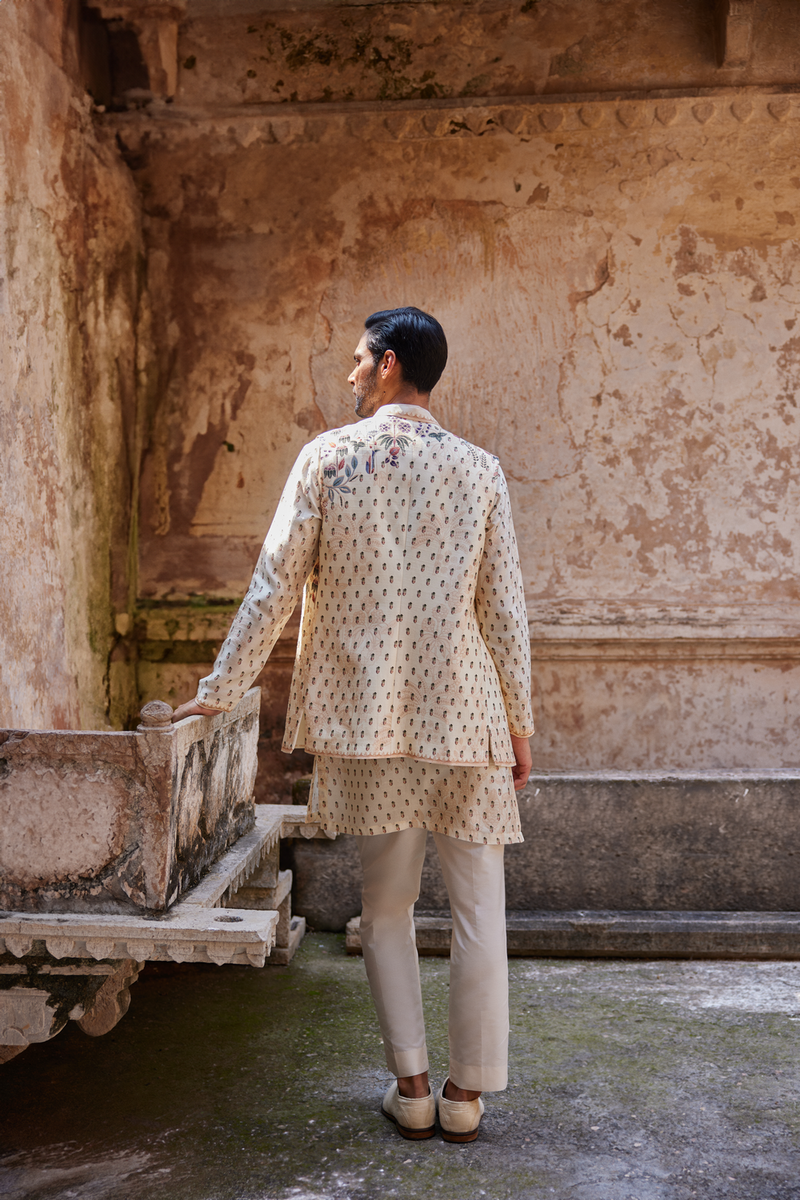 Kalhar Printed Silk Nehru Jacket - Ivory