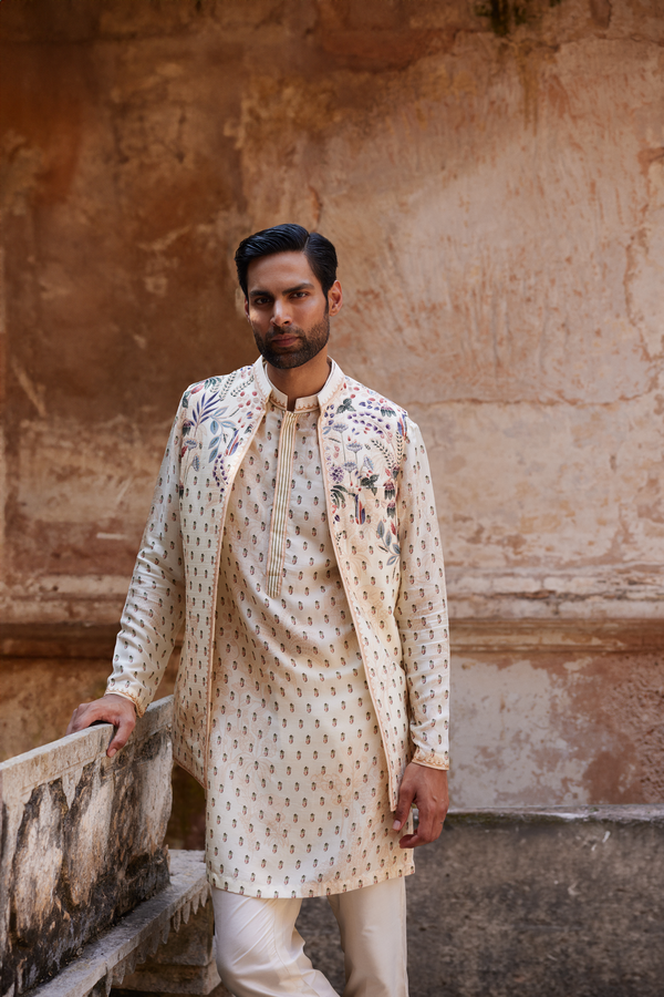 Kalhar Printed Silk Nehru Jacket - Ivory