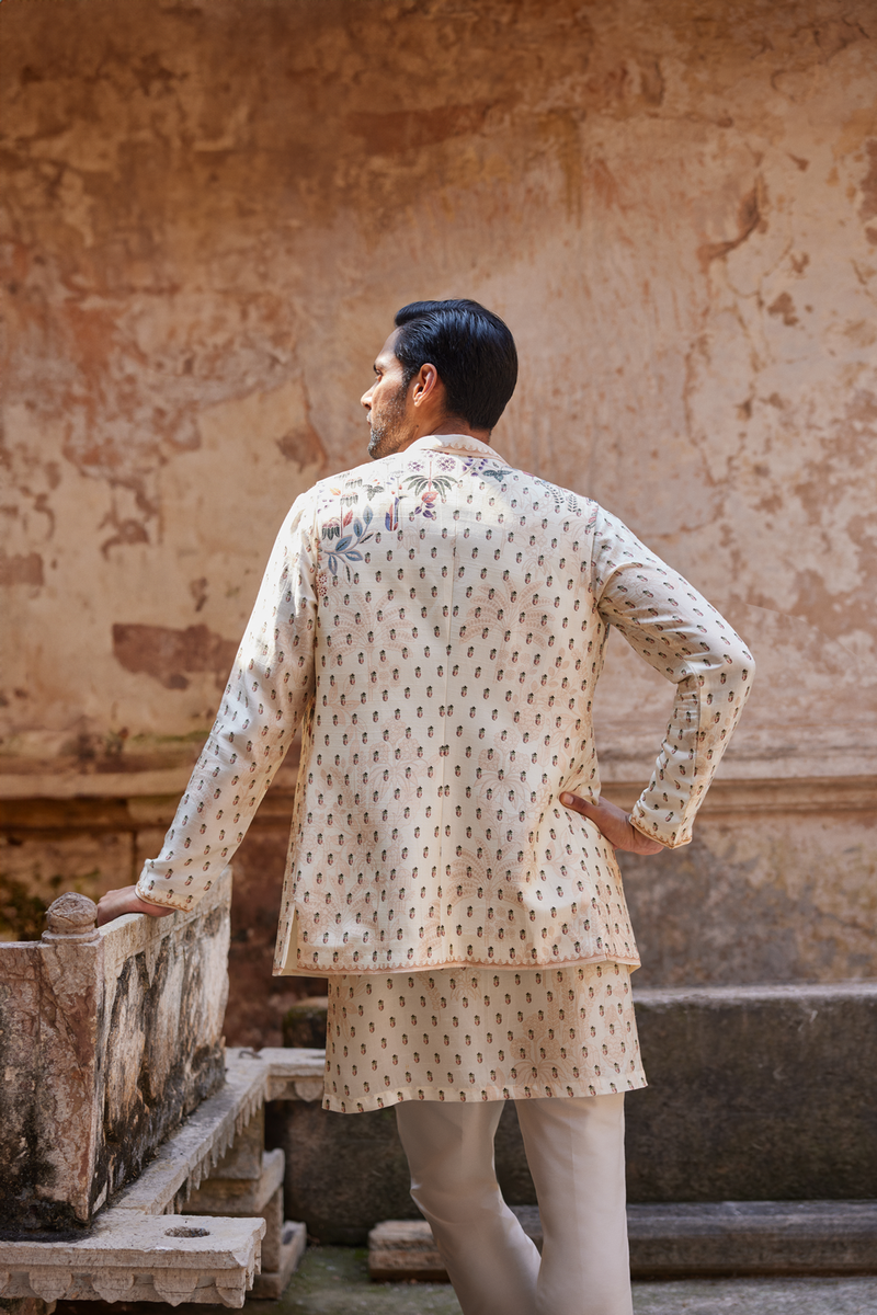 Kalhar Printed Silk Nehru Jacket - Ivory