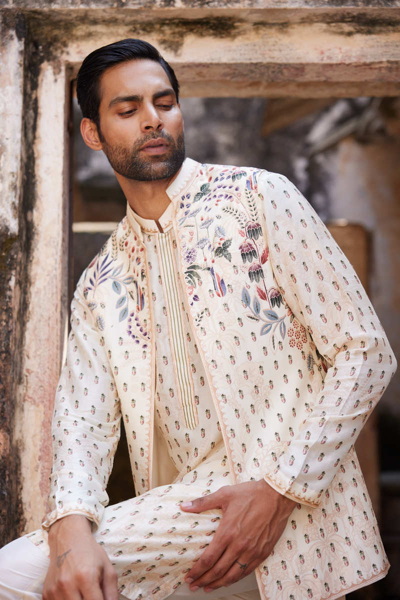 Kalhar Printed Silk Nehru Jacket - Ivory