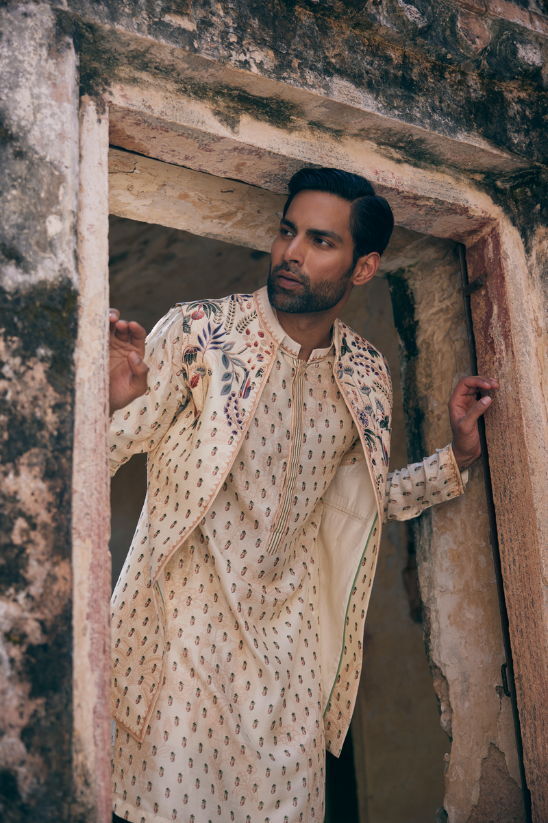 Kalhar Printed Silk Nehru Jacket - Ivory