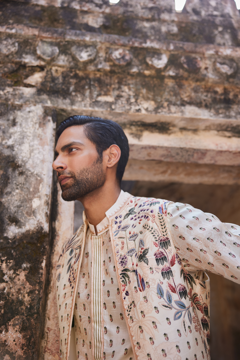 Kalhar Printed Silk Nehru Jacket - Ivory