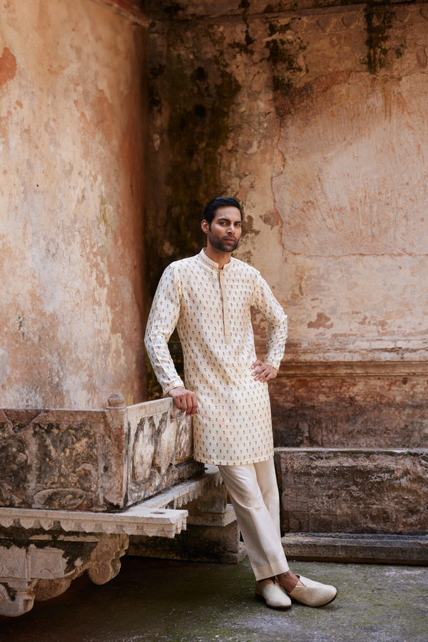 Kalhar Printed Silk Kurta - Ivory