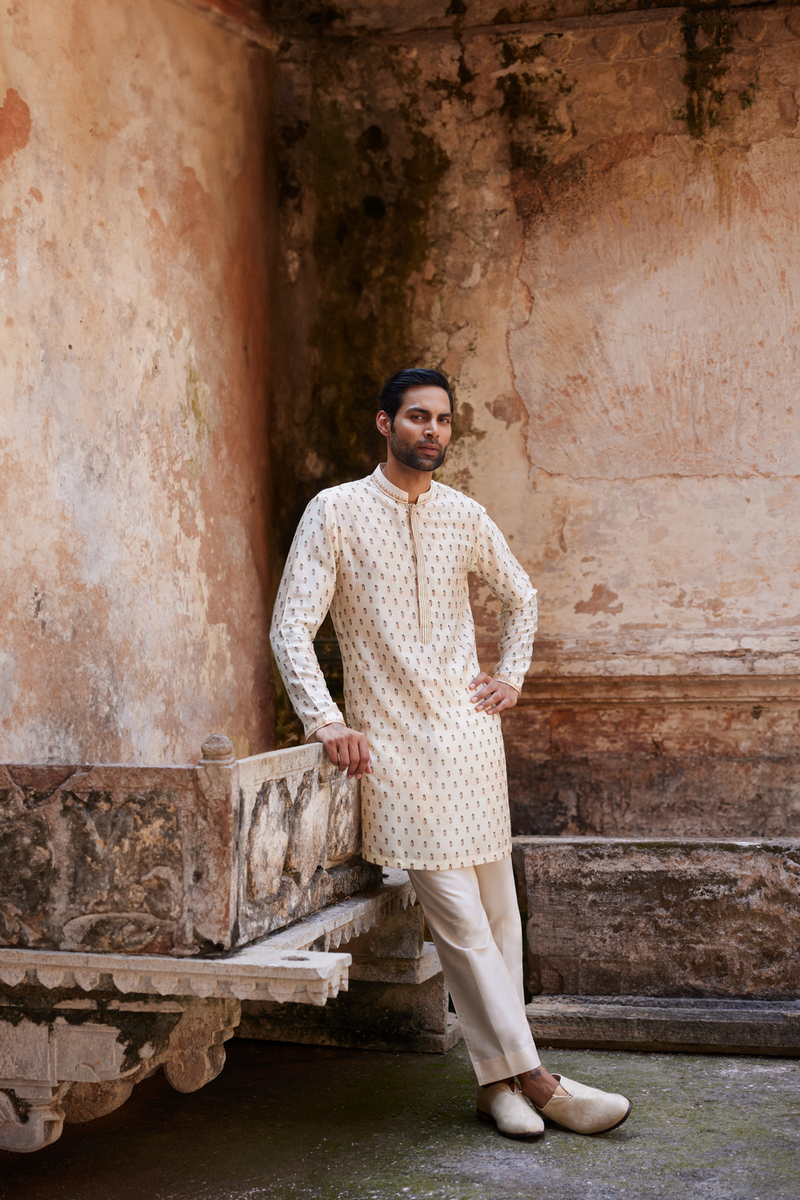 Kalhar Printed Silk Kurta - Ivory