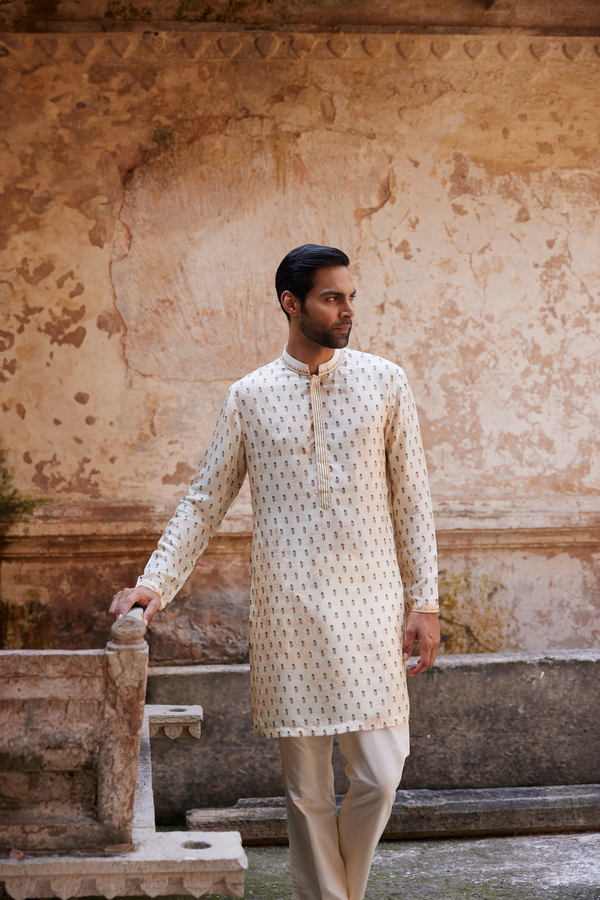 Kalhar Printed Silk Kurta - Ivory
