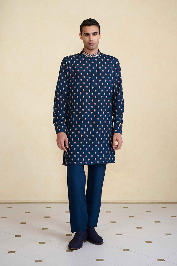 Azraq Printed Silk Kurta - Indigo