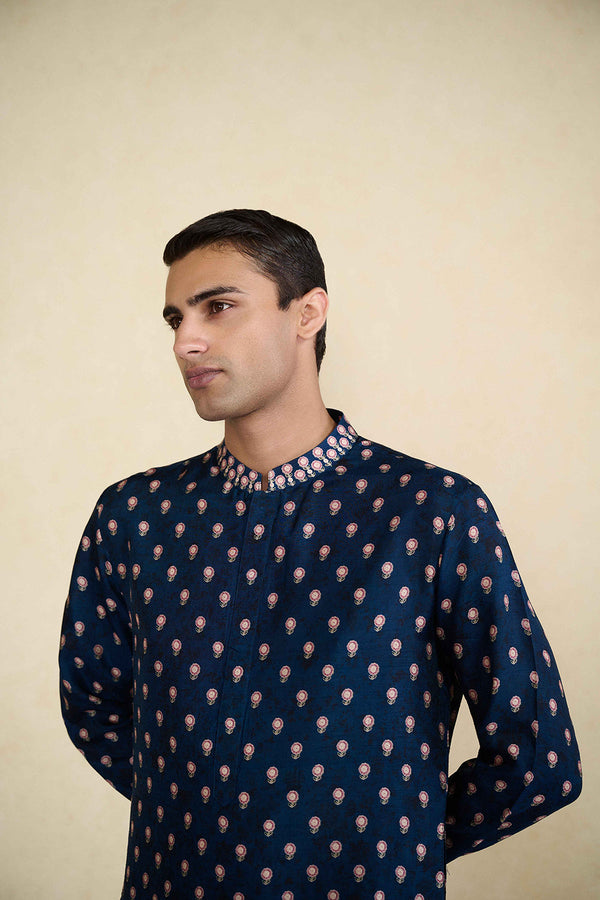 Azraq Printed Silk Kurta - Indigo