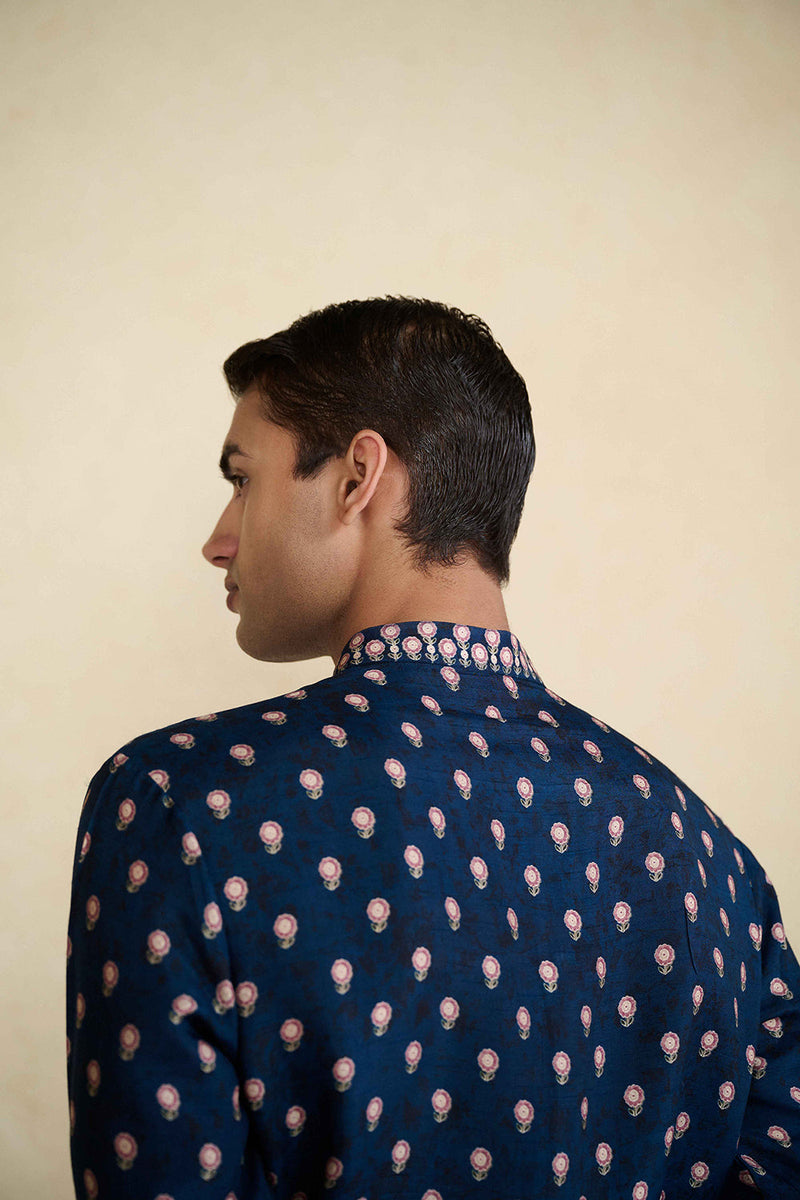 Azraq Printed Silk Kurta - Indigo