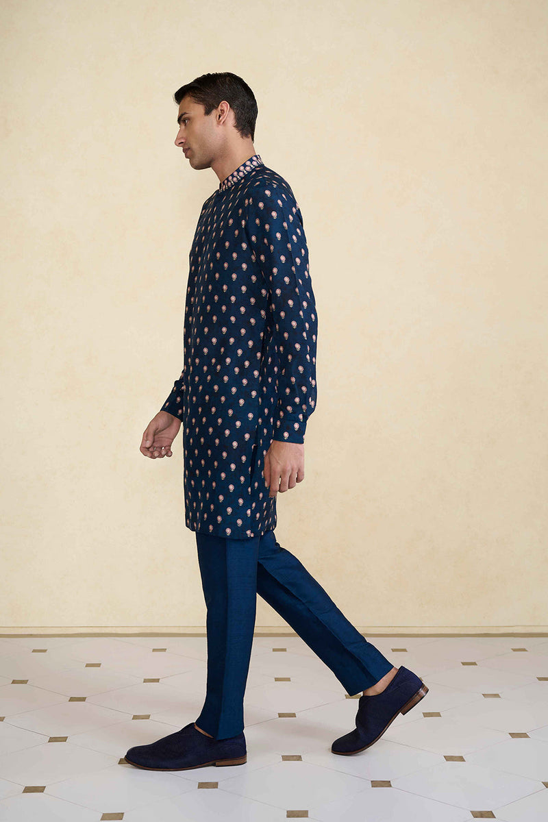 Azraq Printed Silk Kurta - Indigo