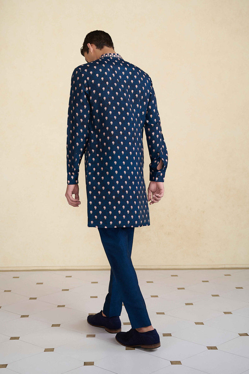 Azraq Printed Silk Kurta - Indigo