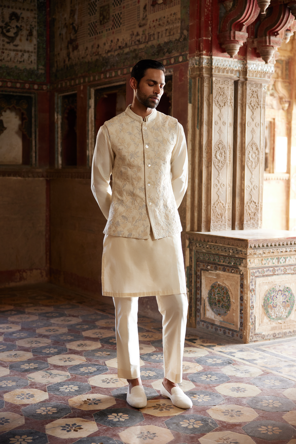 Aaman Embroidered Cord Silk Nehru Jacket - Ivory