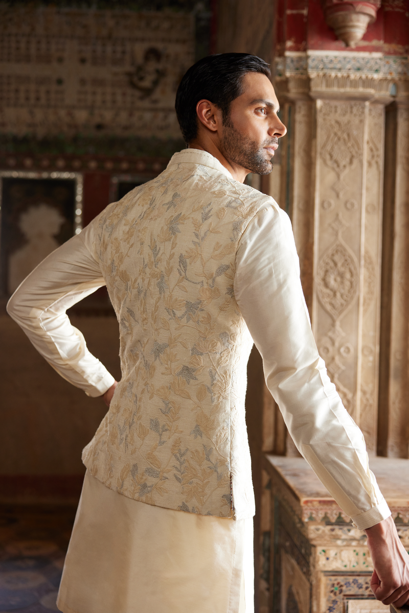 Aaman Embroidered Cord Silk Nehru Jacket - Ivory