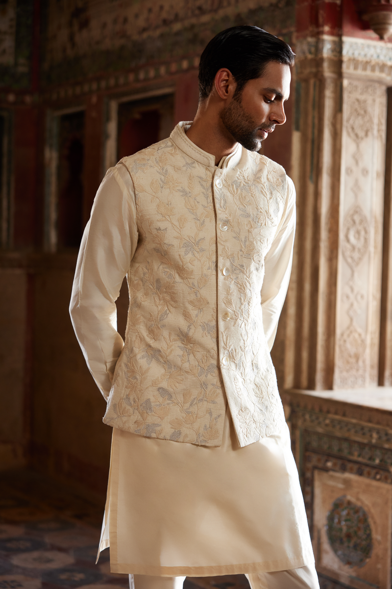 Aaman Embroidered Cord Silk Nehru Jacket - Ivory